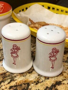 Vintage Ceramic Salt & Pepper Shakers Retro White Red Yellow Classic Diner Style